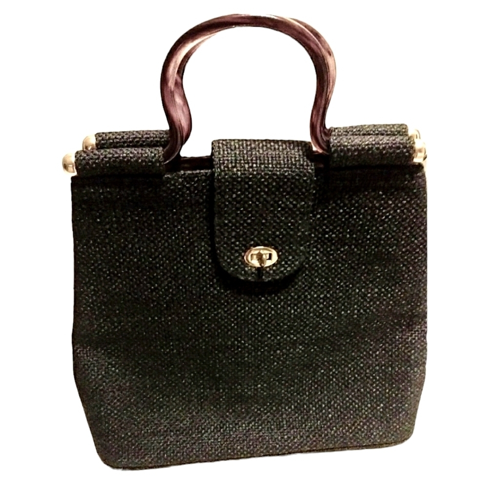 Vintage rare tweed black and green Purse‎ round handles Audrey Hepburn look